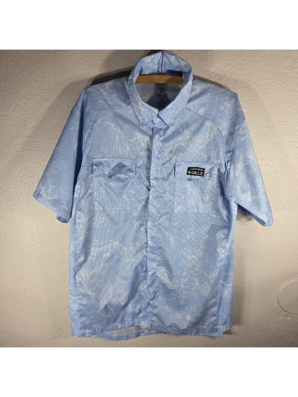 Gillz Shirt Mens Light Blue Snap Up Short Sleeve Size Large Outdoor Acid Wash
